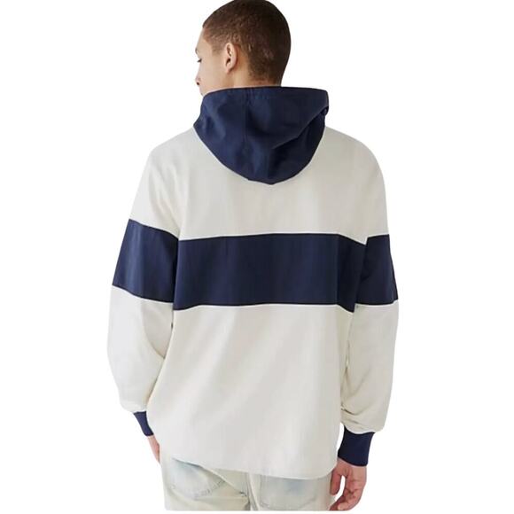 J.CREW Navy / Ivory Hooded Rugby Anorak Sweatshirt Mens S Comfy Pocket Training - Picture 4 of 16